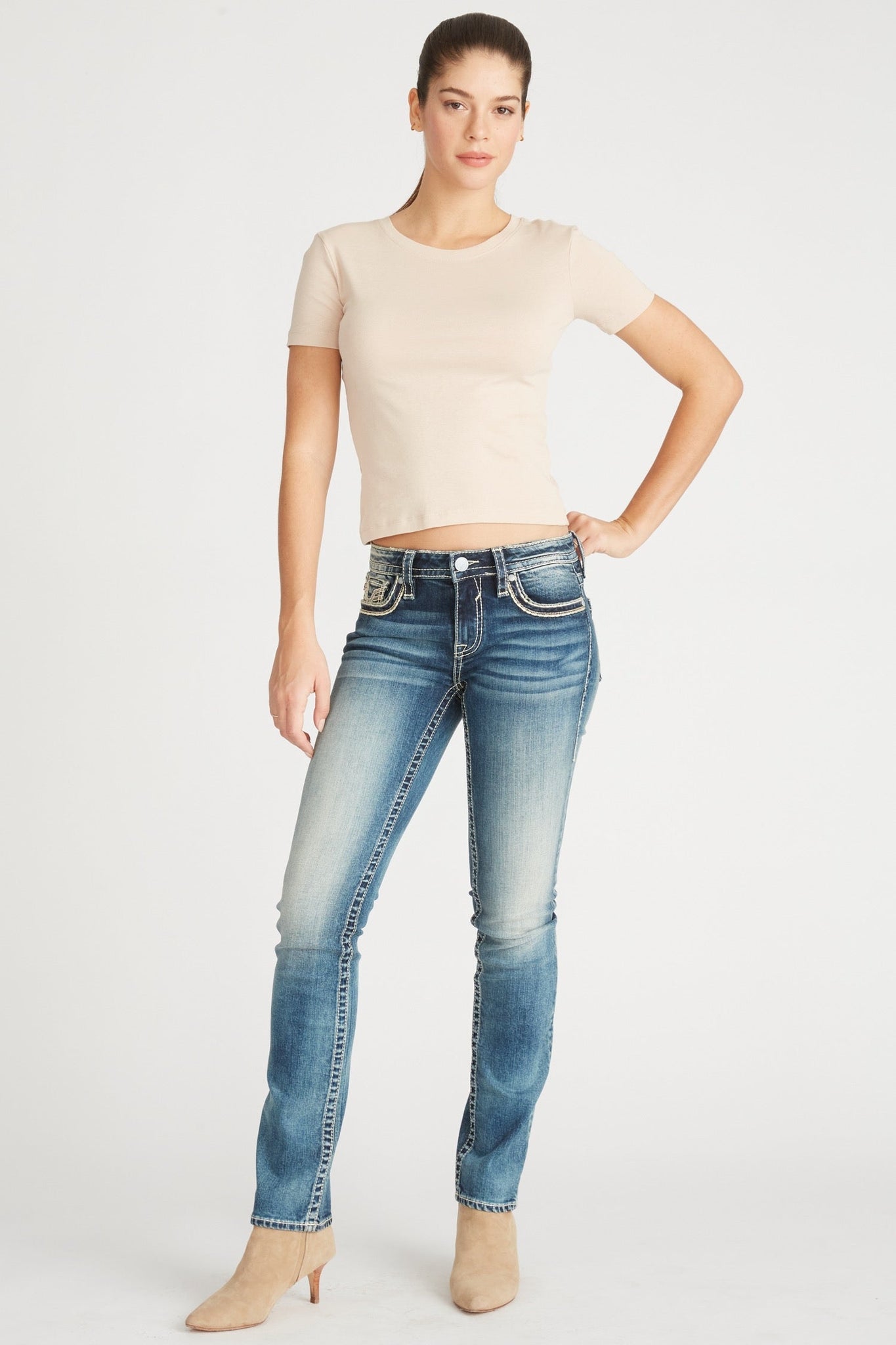 Load image into Gallery viewer, HEAVY STITCH STRAIGHT LEG WITH ROSE GOLD V POCKET EMBROIDERY - MEDIUM WASH
