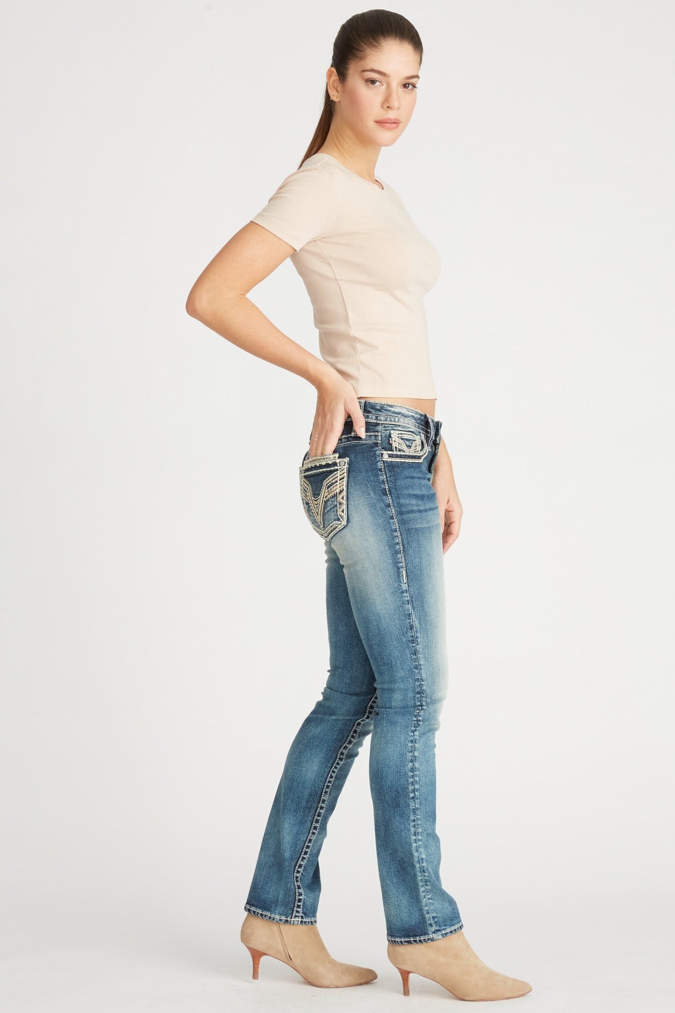 Load image into Gallery viewer, HEAVY STITCH STRAIGHT LEG WITH ROSE GOLD V POCKET EMBROIDERY - MEDIUM WASH