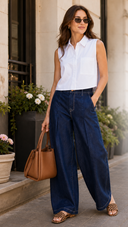 Pleated Denim Wide Leg - Dark