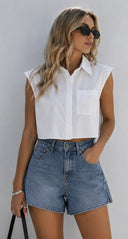 Sleeveless Button Up Top - White