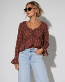 Plaid Ruffle V-Neck Top