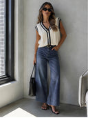 Tipped Cable Sweater Vest - Crème/Navy