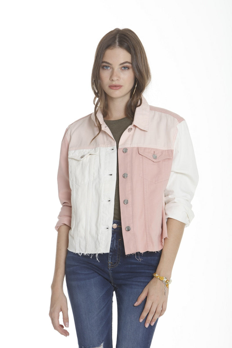 Color Block Denim Jacket - Pink/White