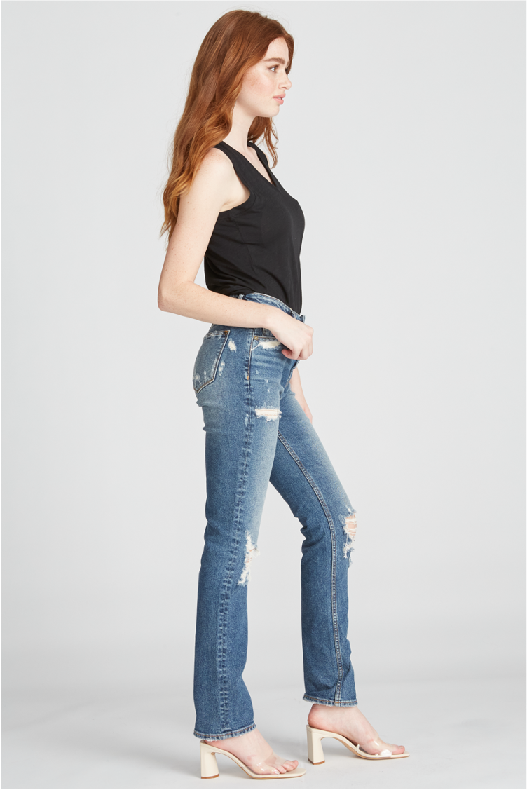 Load image into Gallery viewer, ACE HIGH RISE STRAIGHT- DESTRUCTED MEDIUM WASH
