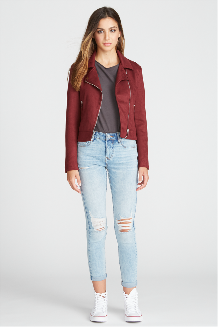 Load image into Gallery viewer, FAUX SUEDE MOTO JACKET - BURGUNDY
