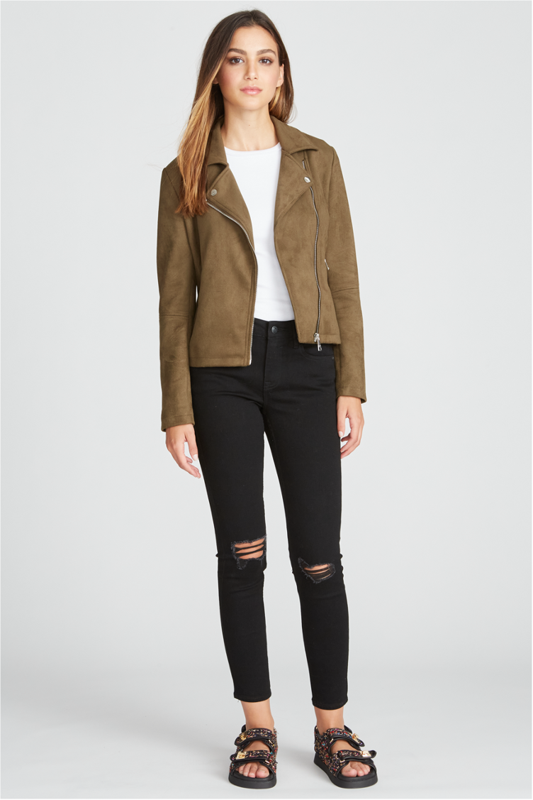 Load image into Gallery viewer, FAUX SUEDE MOTO JACKET - OLIVE
