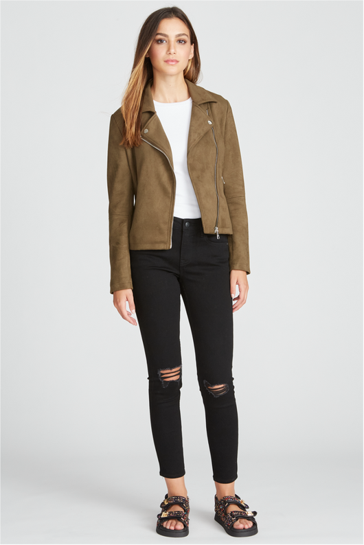 FAUX SUEDE MOTO JACKET - OLIVE