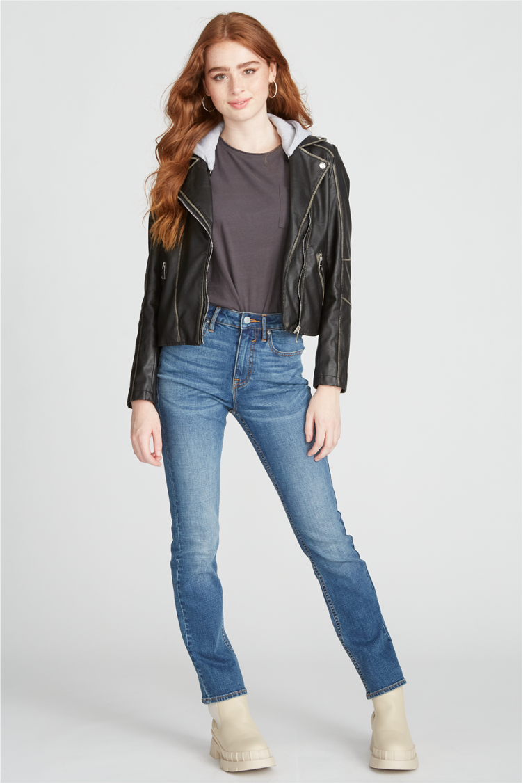 FAUX LEATHER HOODED MOTO JACKET - BLACK