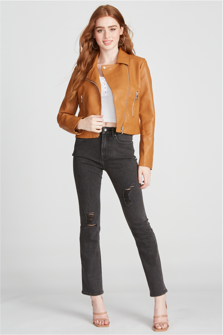 Load image into Gallery viewer, FAUX LEATHER MOTO JACKET - CAMEL
