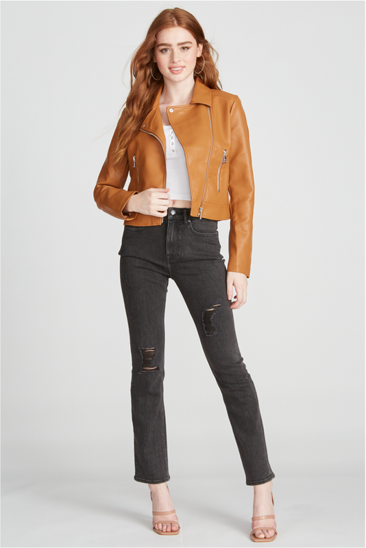 FAUX LEATHER MOTO JACKET - CAMEL