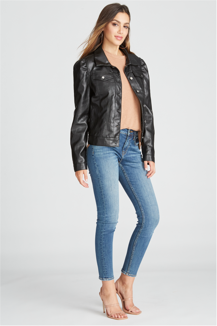 FAUX LEATHER PUFF SLEEVE TRUCKER JACKET - BLACK