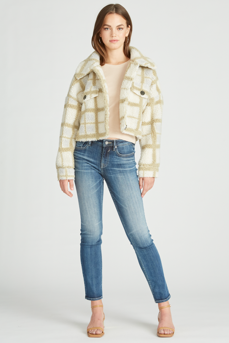 CROPPED PLAID SHERPA JACKET - IVORY