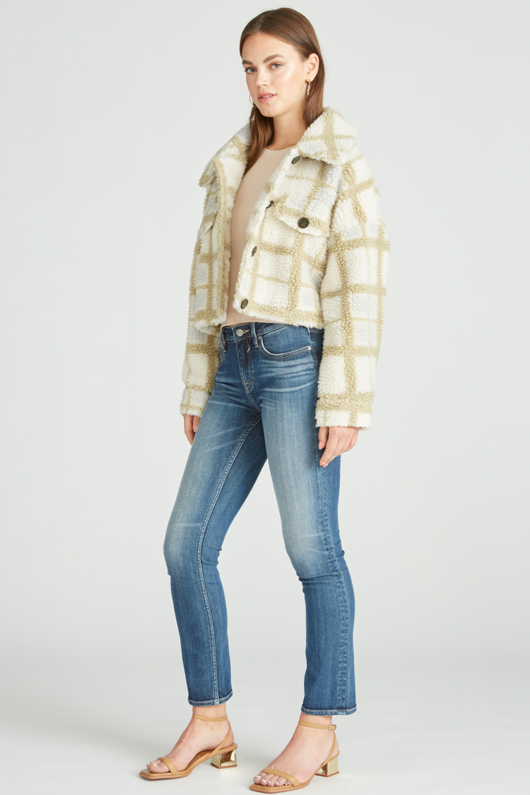 CROPPED PLAID SHERPA JACKET - IVORY