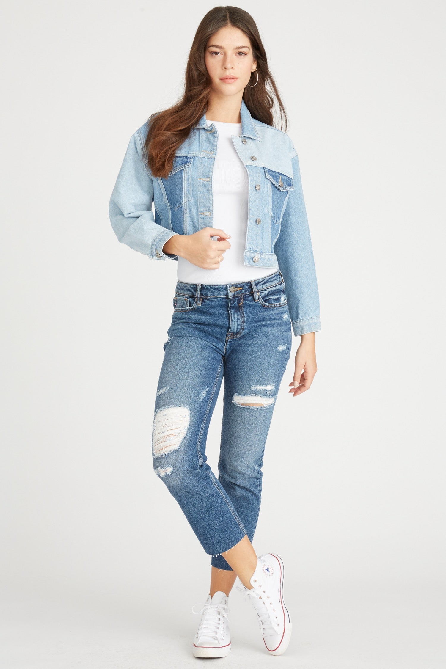 COLOR BLOCKED CROPPED DENIM JACKET