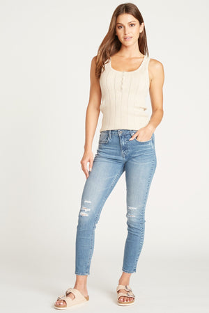 High-Rise Girlfriend Jeans in Distressed Mid-Wash - Grace and Lace