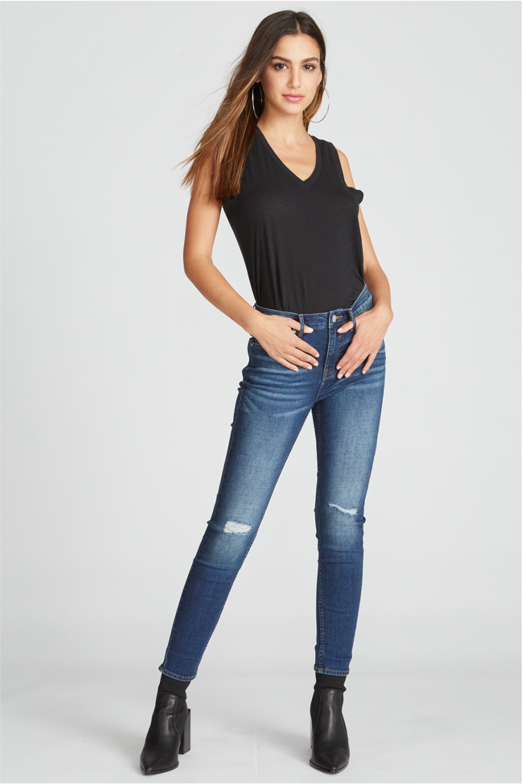 Load image into Gallery viewer, Marley Mid Rise Skinny - Destructed Dark Wash
