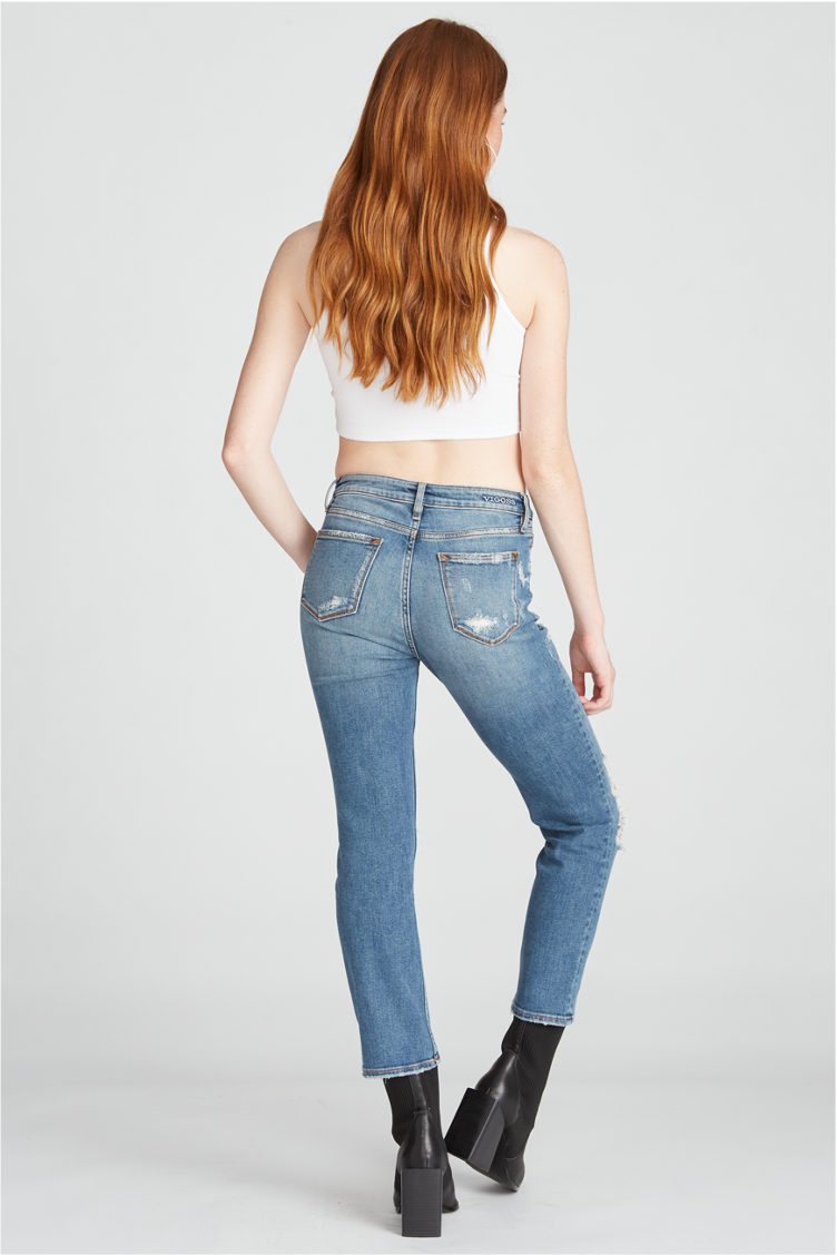 Load image into Gallery viewer, STEVIE CROP STRAIGHT- DESTRUCTED MEDIUM WASH
