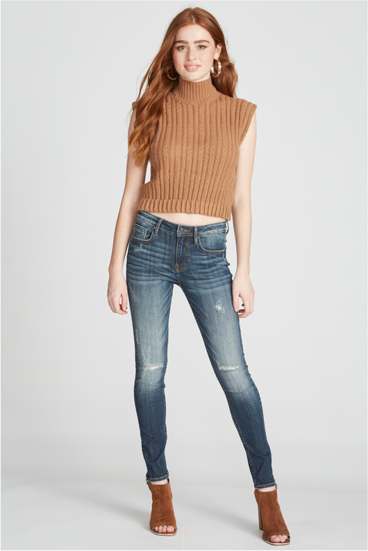 MOCK NECK CABLE SWEATER VEST - MOCHA
