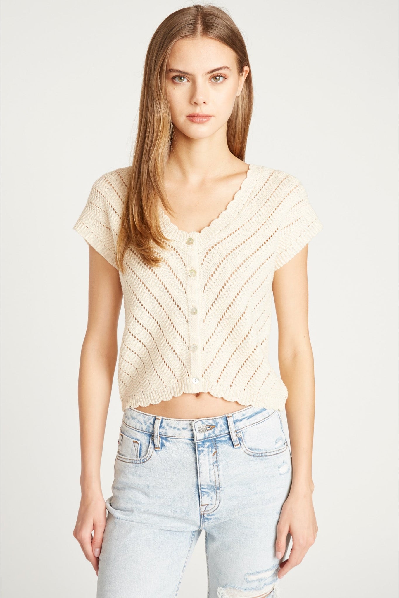 Load image into Gallery viewer, CHEVRON POINTELLE  SWEATER CARDIGAN-BEIGE
