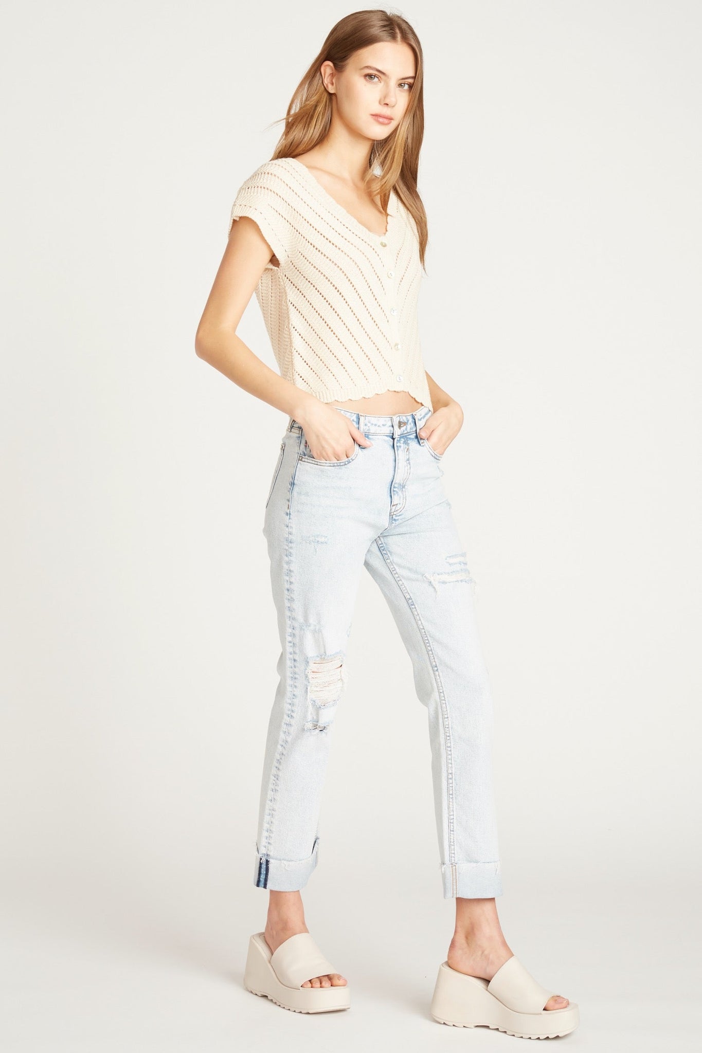 Load image into Gallery viewer, CHEVRON POINTELLE  SWEATER CARDIGAN-BEIGE
