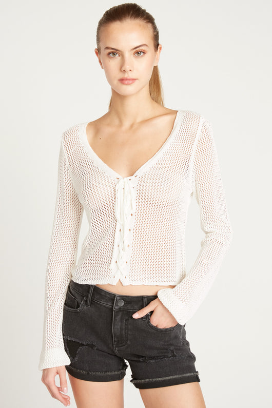 OPEN STITCH LACE UP FRONT SWEATER-WHITE