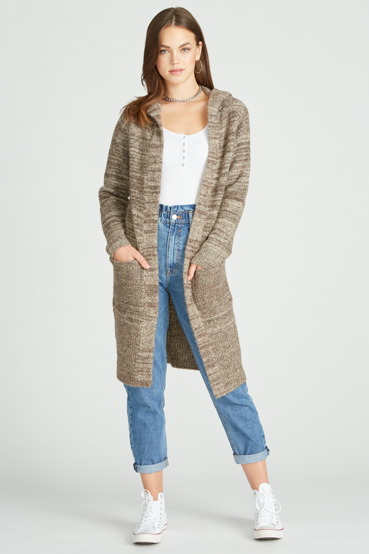 HOODED SWEATER CARDIGAN - BROWN