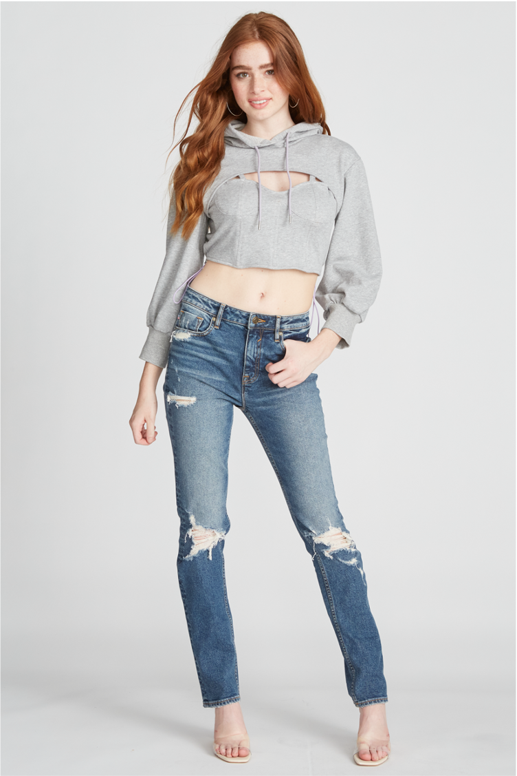 CUT-OUT FRENCH TERRY CORSET HOODIE - GREY